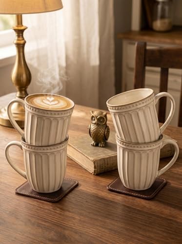 HASENSE Coffee MugsSet of 4, 16 Oz Embossed Vertic Fluted Ceramic Cups - Image 4