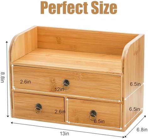 Nicunom Bamboo Desk Organizer, 3-Tier Bamboo Tabletop Storage Organization Multifunctional Desktop Organizer with Drawers for Home Office Toiletries Supplies Vanity - Image 3