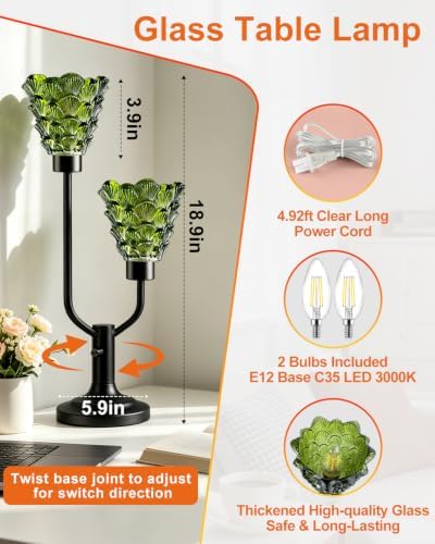 Lightdot Green Glass Table Lamp for Living Room Dimmable Vintage Lamp Gift - Image 4