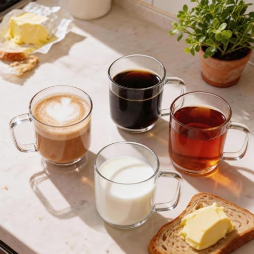Glass Coffee Mugs, 8 oz iced coffee cups, Clear Tea Cups Set of 4, Glass Mugs with Handles, Glass Cups for Latte, Cappuccino, and Tea - Image 7