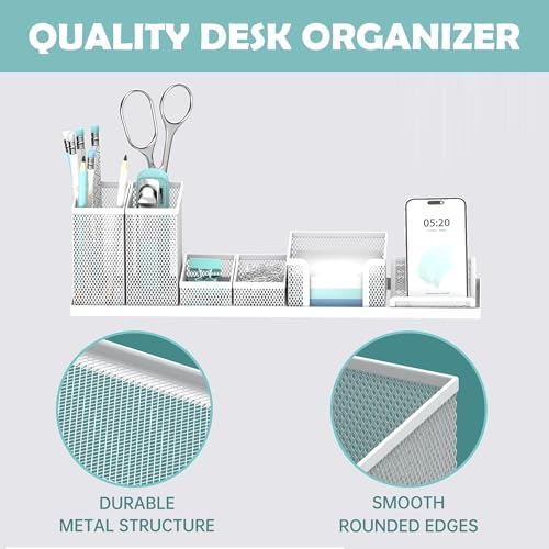 Pen Holder for Desk, 6-Piece Mesh Desk Organizer with Phone Holder, White - Image 4