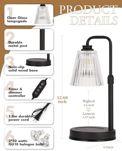 Candle Warmer Lamp With Timer Dimmable Crystal Vertical Stripe, Birthday Gifts for Women Mom, Adjustable Candle Warmer with 2 Bulbs, Christmas Black Candle Lamp for Jar Scented Candles, Home Decor - Image 5
