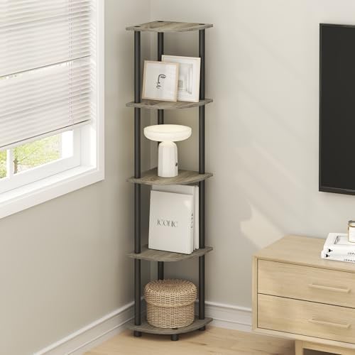Furinno TURN-N-TUBE Corner Shelf Set of 2, 5-Tier Corner Bookshelf, Open Storage Shelves, for Organization and Storage, Living Room, Home Office, Garage, French Oak - Image 2