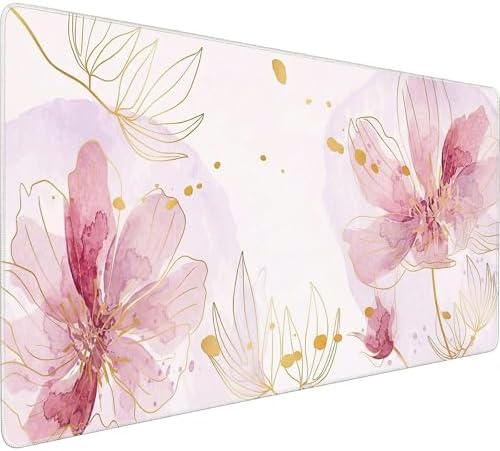 Pink Desk Mat, Aesthetic Floral Large Mouse Pad, 35.4 x 15.7 Inch XXL Keyboard Mat Non-Slip Waterproof Desk Pad, Full Desk Protector for Women Office Home (Pink) by HUADO