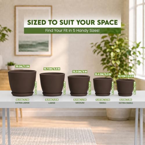 Plant Pots Indoor with Drainage, 5 Pack Multi-Size Planters Set, Brown - Image 2