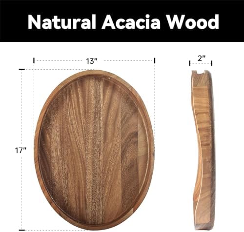 Acacia Wood Serving Tray with Handles - 17"x13" Round, Decorative Ottoman Tray for Living Room, Coffee Table, Breakfast in Bed, Candle Display - Image 2