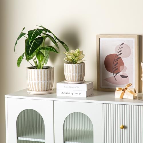 Ceramic Flower Pots Indoor-Outdoor: 5.75 Inch Planters with Drainage Holes & Saucer - Modern Decorative Plant Pots Ceramic for Home Gardeners (Striped) - Image 5