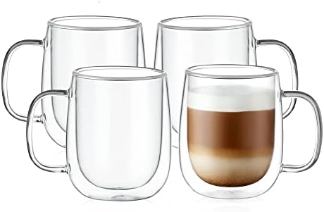 CNGLASS Large Double Wall Glass Coffee Mug 15.2oz,Clear Insulated Glass Espresso Cup with Big Handle,Clear Glass Espresso Mugs for Latte,Cappuccino,Tea Bag,Hot and Cold Beverages,set of 4 by CNGLASS