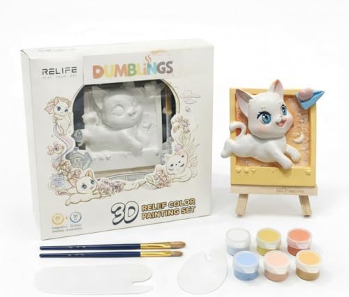 Dumblings 3D Painting Kit – DIY Coloring with Acrylic Paints & Brushes, Relaxing Mindful Craft for Home Decor or Fridge Magnet, Gift for Kids & Adults (3D Painting kit - Cat Catch Dream) by Unknown