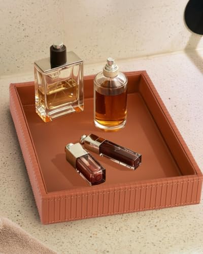 HofferRuffer Faux Leather Vanity Tray, Elegant Desktop Storage Organizer, Decorative Catchall for Perfume, Bathroom Valet, Nightstand or Dresser, 10.2 x 8.4 x 1.8 inches (Brown Stripe) - Image 6
