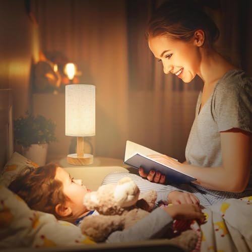 Small Bedside Table Lamps for Bedroom Set of 2,Natural Round Wood Base&Fabric Linen Shade,Cozy Night Light for Study Reading,Minimalist Boho Desk Lamp for Nightstand,Living Room,Nursery,Kitchen,Dorm - Image 3