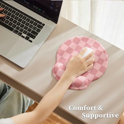 Ohocut Coral Pink Checkered Mouse Pad with Gel Wrist Rest, Wrist Support, Ergonomic Desk Accessories for Women, Office Laptop Gaming Decor, Cute Aesthetic Check Design - Image 7