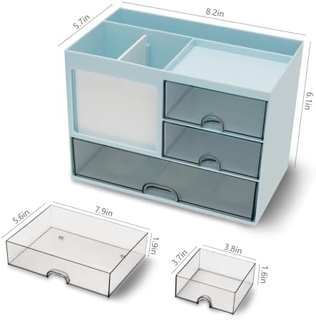 QIYVLOS Desk Organizer with 3 Drawer, Multi-Functional Pencil Pen Holder for Desk, Desk Organizers and Storage with 8 Compartments, Desktop Organizer for Office Home Art Supplies (Blue) - Image 6