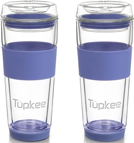 Double Wall Glass Tumbler, 14-Ounce Glass Travel Coffee Mug - 2 Pack by Tupkee