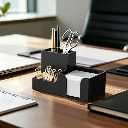HBlife Acrylic Pen Holder for Desk, 3-Compartment Small Desk Organizer, Black Office Supplies Desk Accessories with Sticky Notes Holder Stores Post It Notes 3X3 for Office, Home and School - Image 6
