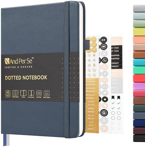 &And Per Se Dotted Journal Notebook, A5 Hardcover Leather Dotted Journal, 160 Pages 100gsm Thick Dot Grid Paper, 3 Sheets of Stickers Included - 5.7'' x 8'' (Dark Blue) by AndPerSe