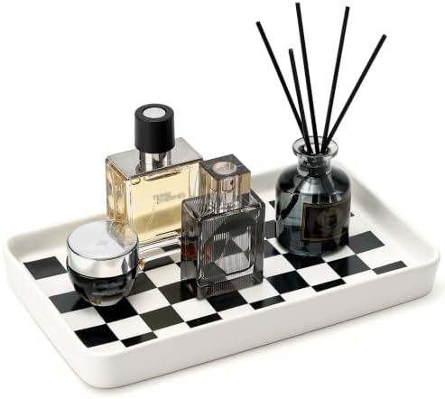 Texture Checkered Surface 10"×6"×1" Bathroom Vanity Tray for Countertop- Ceramic Decorative Organizer Tray for Dresser Top, Toilet, Perfume, Sponge Holder Soap Dish Dispenser for Kitchen Counter by StylishHomeDecorforYou