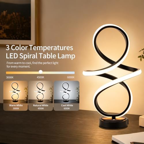 Modern Small Table Lamp with LED Spiral Design, 12W Black Nightstand Lamp - Image 3