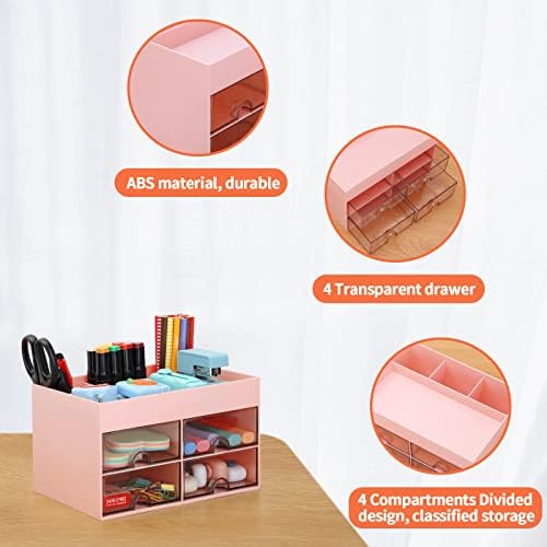 LETURE Office Desktop Organizer with Drawer, Desk Top Accessories Stationary Organizer Desk Caddy, Pen/Pencil/Business Card/Sticky Note Tray/Paperclip Holder Storage Box (Pink) - Image 6