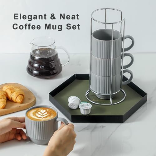 Hasense Stackable Coffee Mugs With Stand, 12 oz Stackable Coffee Cups Ceramic, Modern Ribbed Latte Cup Sets for Cappuccino, Tea, Espresso, Hot Cocoa, Drinks - Dishwasher & Microwave Safe, Grey - Image 5