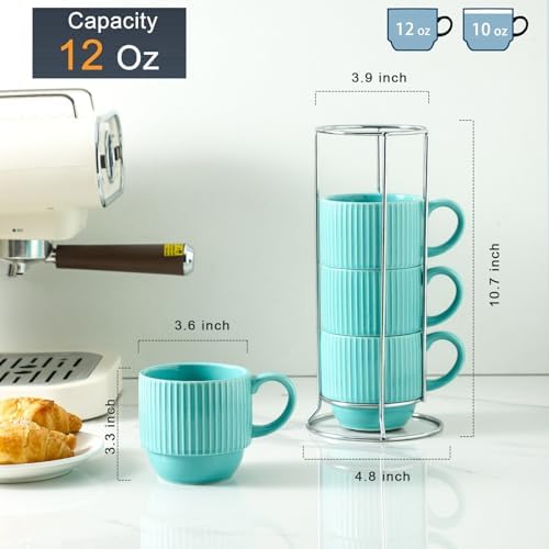 Hasense Coffee Mug 12 oz Set of 4 with Rack - Stackable Coffee Cups Ceramic, Modern Ribbed Latte Cup Sets for Cappuccino, Tea, Espresso, Hot Cocoa, Drinks - Dishwasher & Microwave Safe, Turquoise - Image 3