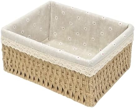 Large Wicker Storage Basket with Liner, Hand-Woven Paper Rope Rattan Organizer Bin for Pantry, Countertop, Bathroom, Bedroom, Shelves (Beige, L) by EITMOW