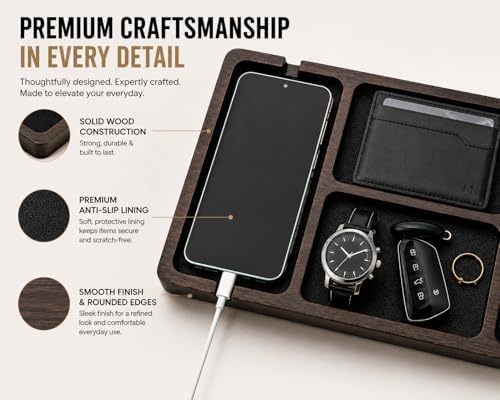 Desk Organizer Tray for Men with Ceramic Pen Holder, Wooden Valet Tray, Minimalist EDC Desk Organizer for Phone, Wallet, & Keys, Nightstand Bedside, Entryway, Birthday Gift for Him - Image 6