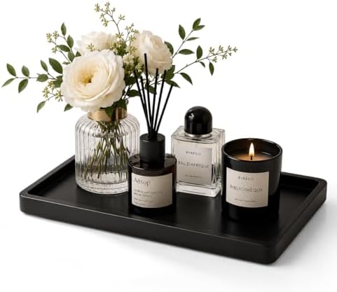 Natural Wood Bathroom Vanity Tray, 9.4 Inch, Rectangular, Natural Wood Finish, Modern Luxury Style, Countertop Organizer for Perfume, Cosmetics, Jewelry (Matte Black) by Unknown