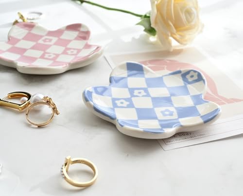 Blue Checkered Jewelry Dish, Ceramic Flower Trinket Tray for Rings & Earrings, Trendy Teen Girls Birthday Gifts, Aesthetic Room Decor for Nightstand Vanity Bathroom Sink & Dorm Desk, 3.8" - Image 6