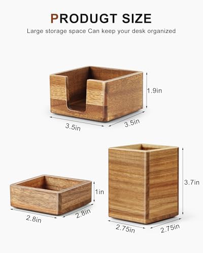 Acacia Wood Desk Organizer Set with Sticky Note Holder, Pencil Pen Cup & Paper Clip Storage, Office Desk Accessories for Marker Craft (Set of 3) - Image 3
