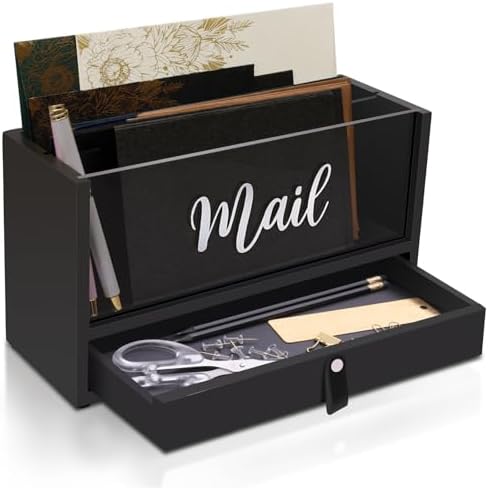 Two-Layer Solid Wooden Mail Storage Organizer Holder with Clear Acrylic Top and Bottom Drawer, Leather Handle, Keeping Mail, Bills, Letters, Cards and Office Supplies in One Place, Home Decor Gifts by INTARSIO3D