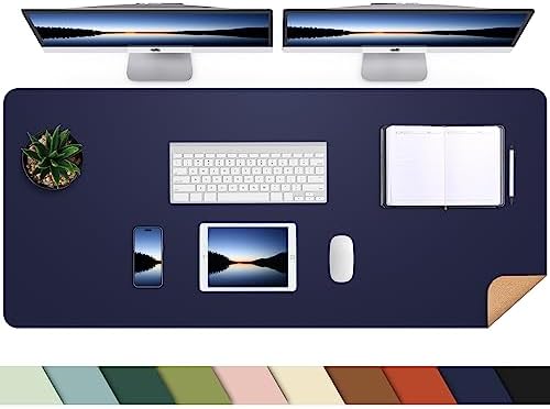 AFIING Leather Desk Pad Protector, Large Desk Mat with Natural Cork & PU Leather, Mouse Pad, Non-Slip, Waterproof Desk Writing Pad for Office and Home Blue by AFIING