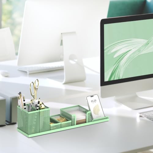 Pen Holder for Desk, 6-Piece Mesh Desk Organizer with Phone Holder, Green - Image 2