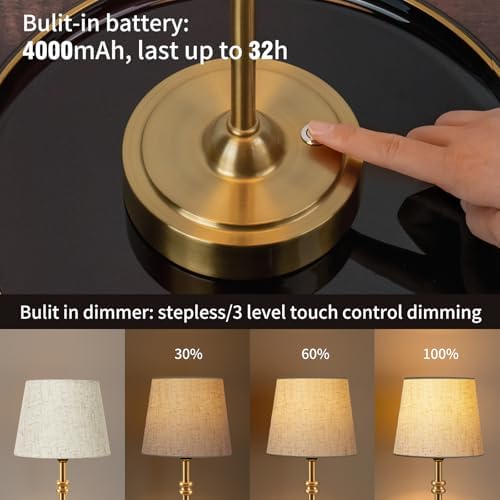ONEWISH Small Cordless Lamp, Battery Operated Table lamp Dimmable, 4000mAh Rechargeable, Touch Bedside Lamp with Beige Linen Fabric Shade, 2700K Bulb Included, for Dining, Patio, Bathroom(Gold) - Image 3