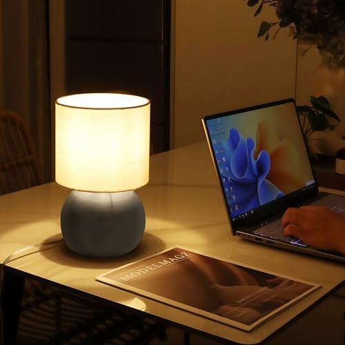 Modern Small Table Lamp with Grey Metal Base and Linen Shade, 6.2X6.2X10.4 Inch Nightstand Light for Bedroom, Living Room, Desk, Dorm - Image 6