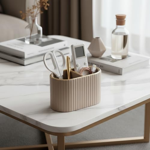 KINGFOM PU Leather Desk Organizer Pen Holder – Dual-Compartment Stylish Pencil Cup Remote Control Holder Desktop Supplies and Accessories Organizer Caddy for Office Home School (Mocha Beige) - Image 6
