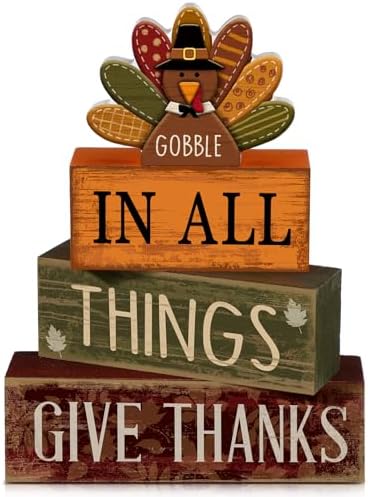 Moucuny 4 Pcs Turkey Wood Block Signs Fall Thanksgiving Tiered Tray Decor by Moucuny