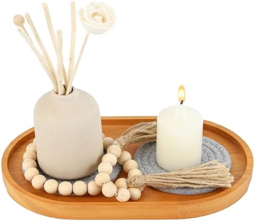 Wooden Candle Tray Holder 11 * 6.5 * 0.8 Inch Elliptical Decorative Serving Trays for Coffee Table Centerpiece Home Decor Wood Table Tray for Kitchen Counter with Beads Decor and 2 Coasters by Unknown