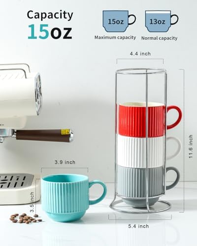 HASENSE Ceramic Coffee Mug Set of 4 with Rack - 15 oz Stacking Ribbed Latte Cups Set for Cappuccino, Tea, Hot Cocoa, Drinks - Wedding & Housewarming Gifts Assorted Colors - Image 3
