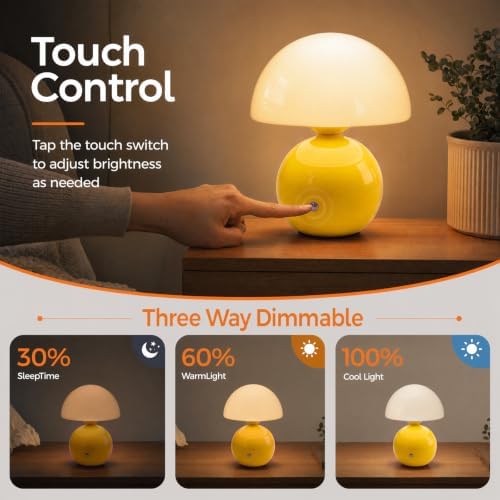 Senzoy Glass/Ceramic Mushroom Table Lamp, Yellow Bedside Night Lamp - Image 3