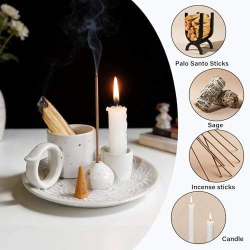 Tnstbiee 4-in-1 White Ceramic Palo Santo Holder, Multi-Purpose Smudge Tray - Image 3