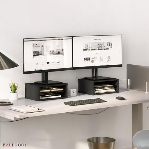 Ballucci File Organizer, 2-Tier Document Paper Sorter, Stackable Wood Desk Organizer Mail Holder, Monitor Stand with Storage Shelves, Black - Image 3
