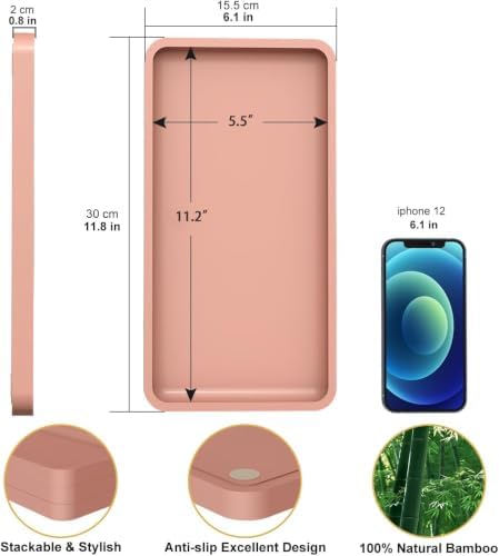 Bathroom Vanity Tray for Countertop - Bamboo Organizer Tray for Dresser Tops, Toilet, Perfume Small Decorative Tray Wood Tray for Home Decoration 11.81” L x 6.1” W x 0.79” H (Pink) - Image 3