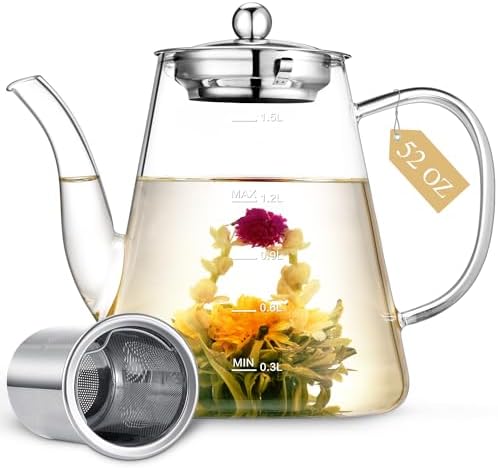 1500ml Glass Teapot, Large Tea Pot with Infuser for Loose Tea and Blooming Tea, Stovetop Safe Tea Kettle, Hand Crafted Borosilicate Glass Tea Maker with Scale Line, Tea Gift Set for Tea Lovers by zpose