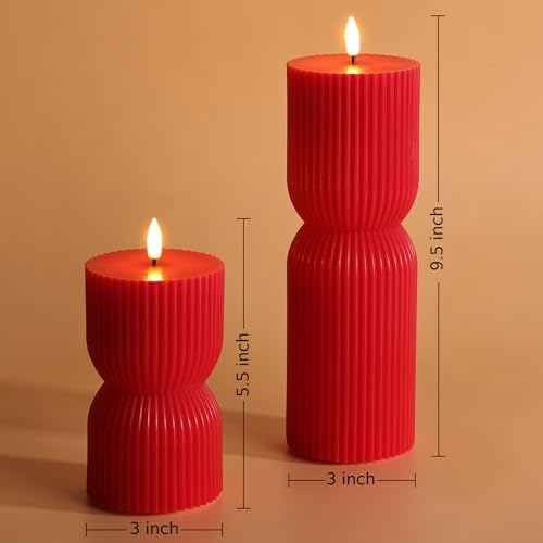 Red Ribbed Flameless Pillar Candles with Remote Set of 2 - Image 2