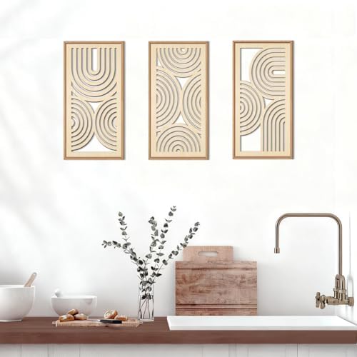 IARTTOP Boho Wooden Framed Wall Art Set of 3 Mid-Century Modern Wood Wall Decor Minimalist Natural Bohemian Home Decor for Living Room Dining Room Office - Image 5
