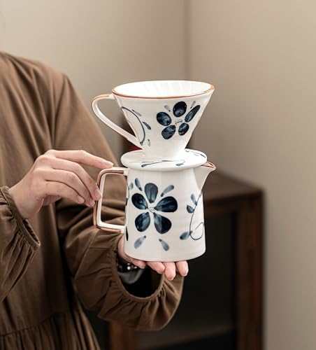 Pour Over Coffee Maker,Ceramic Coffee Maker With 40 pcs Paper Filter，15oz/450ml Pour Over Coffee Dripper (Blue and white, V02) - Image 2