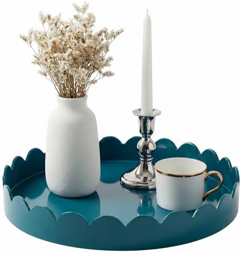Gesodant 13" Round Scalloped Tray for Coffee Table Decor & Centerpiece, Glossy Lacquer Style Serving Tray for Ottoman, Vanity & Entryway, Modern Waterproof Catchall Tray (Deep Teal) by Gesodant+