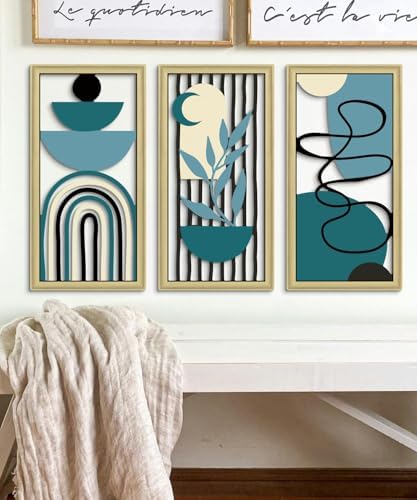 Putuo Decor Boho Wall Art Set of 3 Modern Minimalist Wooden Wall Decor Abstract Geometric Room Decorations Mid Century Artwork for Living Room Bedroom Office in Blue Tones 16.5 x 8.6 Inch - Image 2