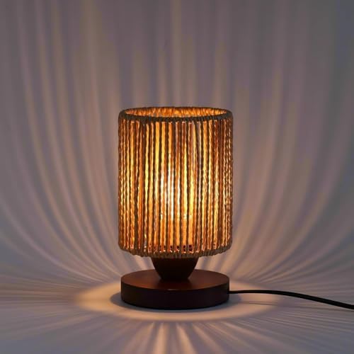 Small Rattan Table Lamp for Bedroom, Boho Bedside Lamp with Warm LED Bulb, Handwoven Wicker Nightstand Lamp for Nursery, Entryway & Dorm, Mini Ambient Night Light with Wood Base (8.6" Tall) by DKCONONY